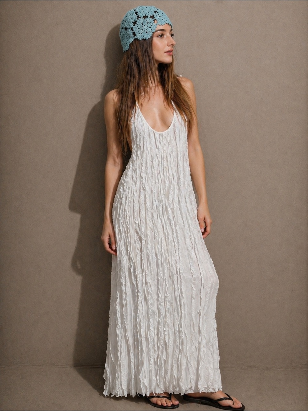 Scoop Neck White Textured Maxi Dress